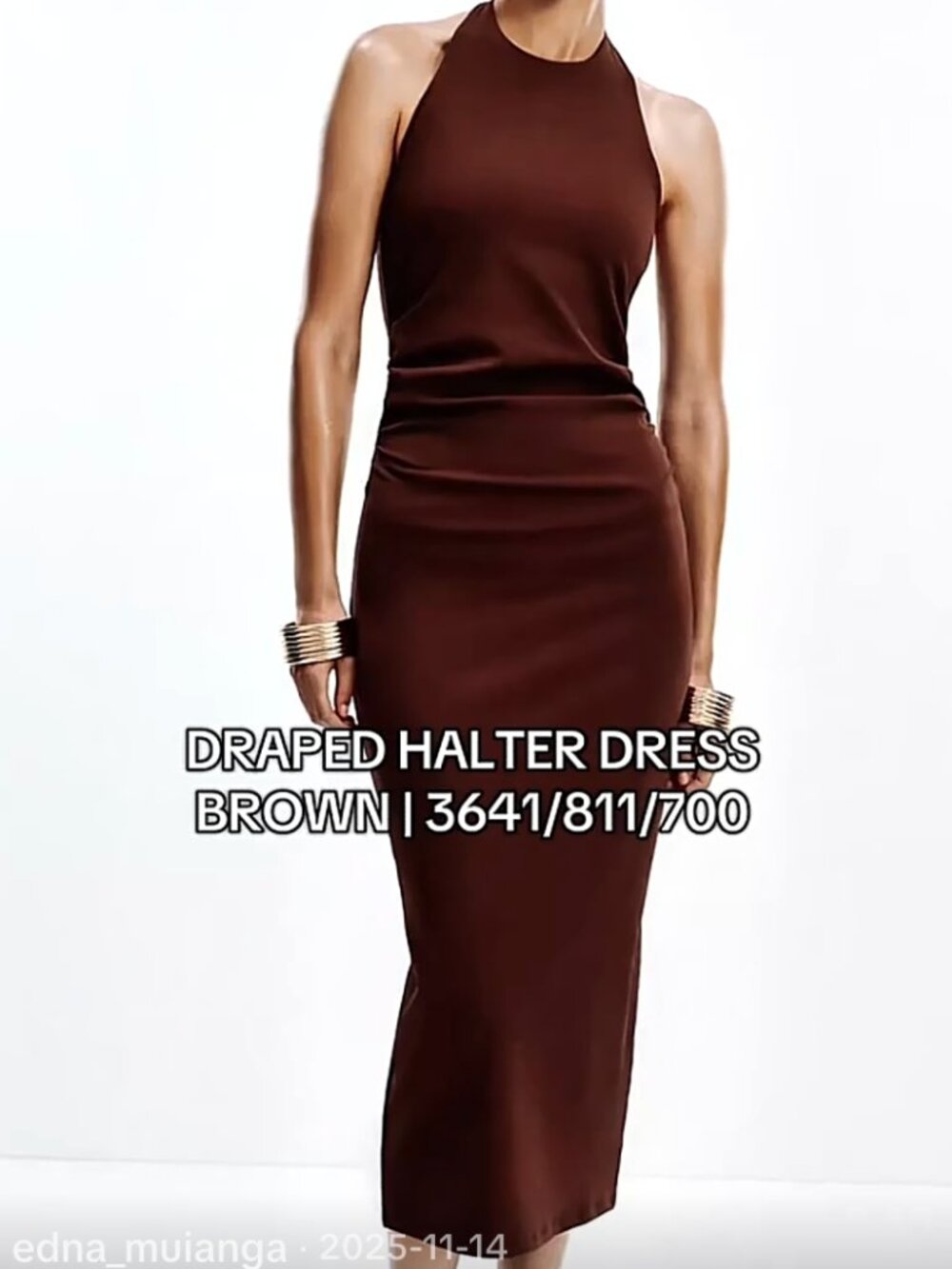 Zara Draped Halter Midi Dress Open Back Side Ruched Chocolate Brown S NWT - Picture 2 of 12